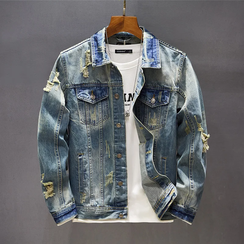 Men's Classic Retro Washed Distressed Hole Ripped Denim Jacket Men's Casual Slim Long Sleeve motorcycle jeans Jacket 5XL