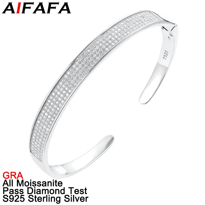 AIFAFA 212pcs All Moissanite Bangle for Men Women S925 Silver Thick Solid Cuff Bracelet Wedding Fine Jewelry Pass Diamond Test