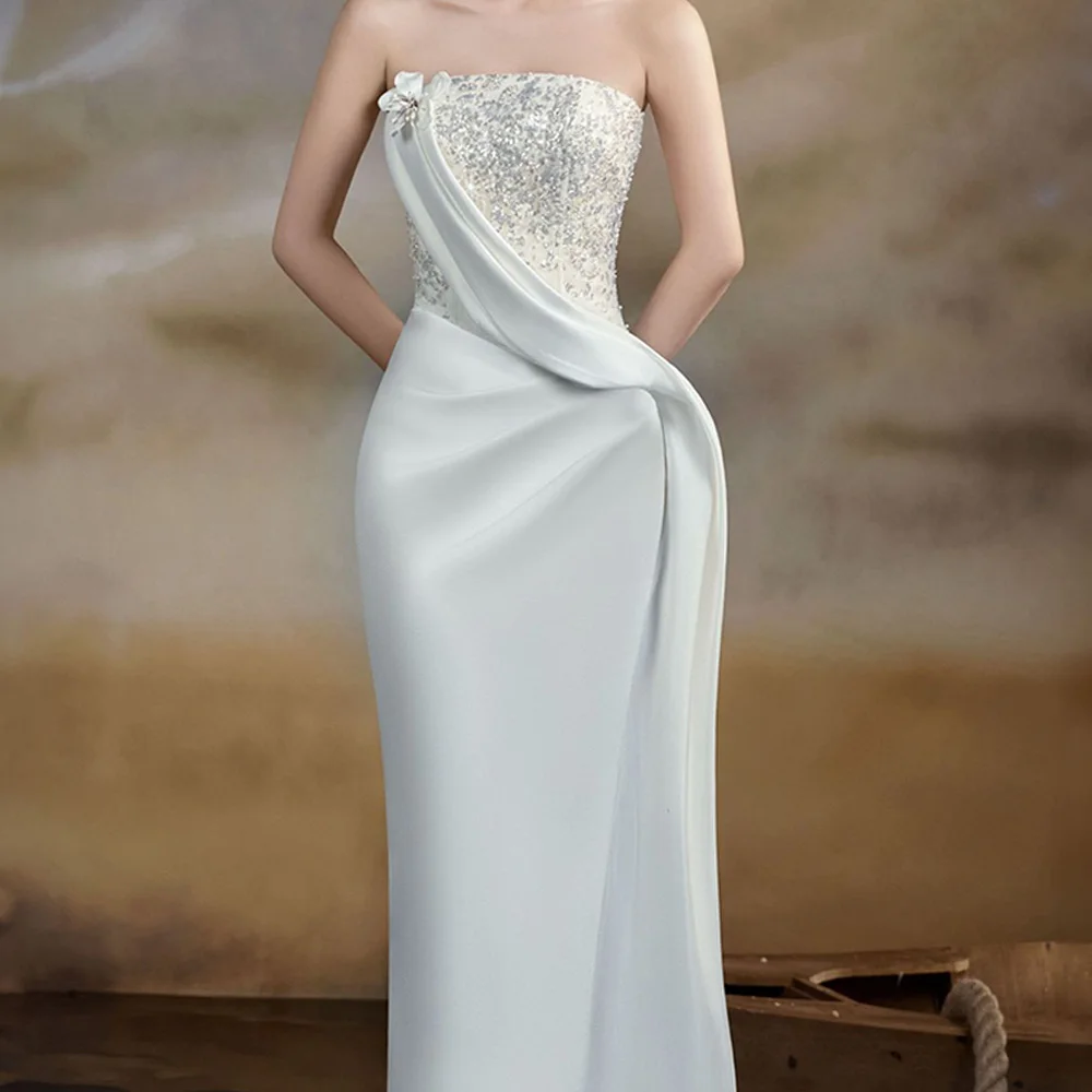 Delicate Jersey Straight Strapless Appliques Crystal and Sequined Evening Dress Tea Length Sleeveless Photo Color Prom Gowns