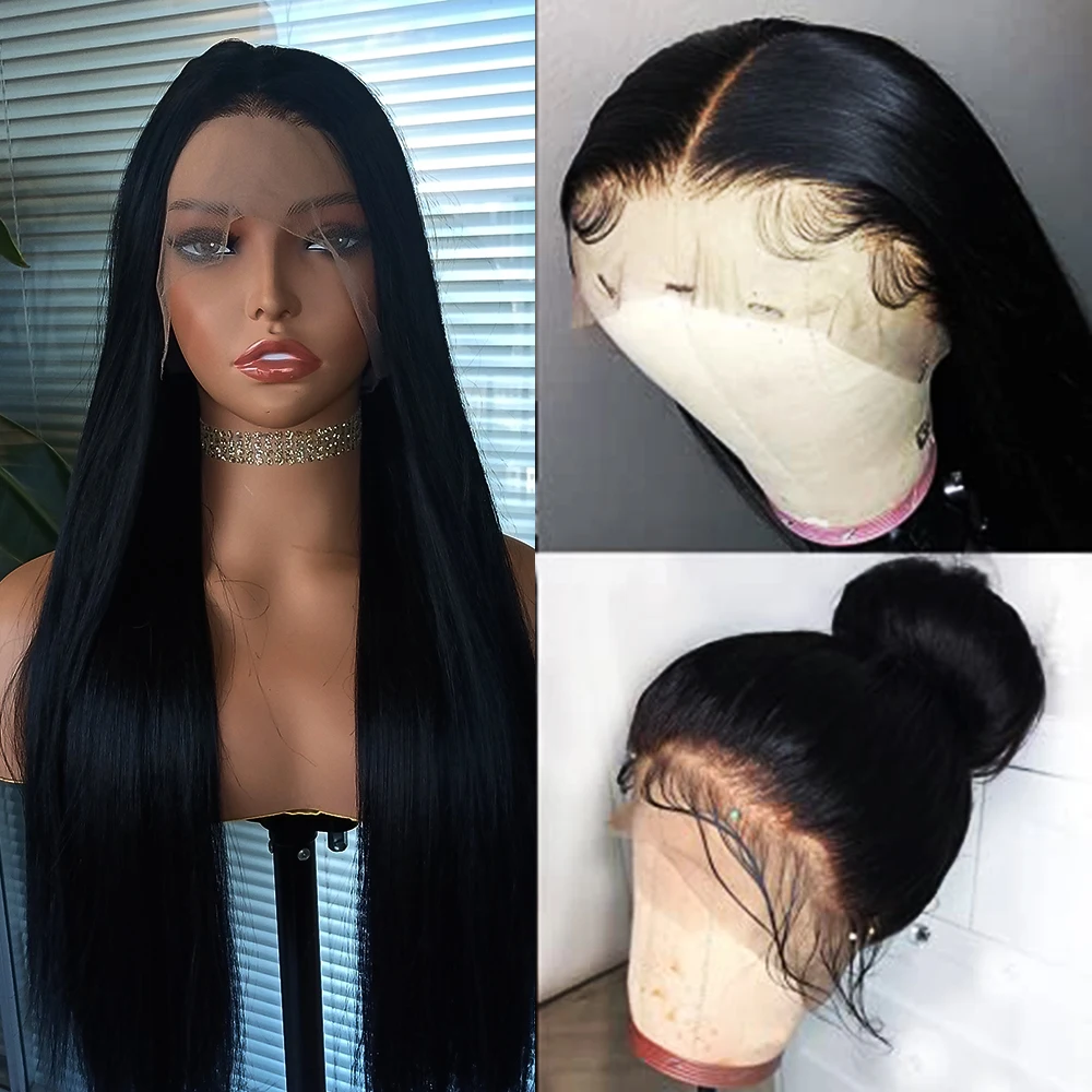 

FANXITION 360 Wig Black Long Synthetic Lace Front Wigs for Women Straight Heat Fiber Hair Wigs Natural Hairline Daily Use Wig