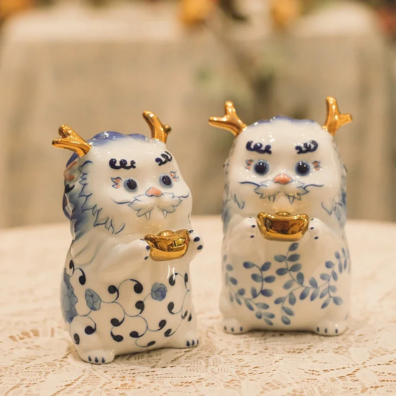 Simple Modern Small Ornaments Blue and White Ceramic Wedding Gift Dragon Mascot Handicrafts Wine Cabinet Office Desktop Decor