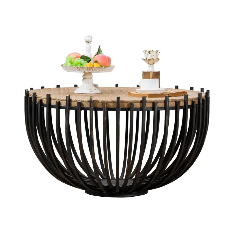 Round Rattan Wrought Iron Coffee Table Small Side End Table for Living Room Balcony Apartment Home Decor