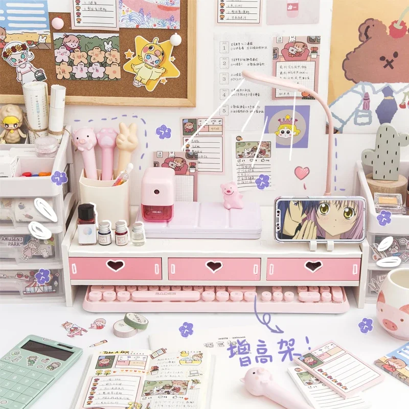 Pink Desktop Computer Monitor Girl Heart Heightening Shelf Office Dormitory Organizer Ins Stationery Sundry Home Storage Racks