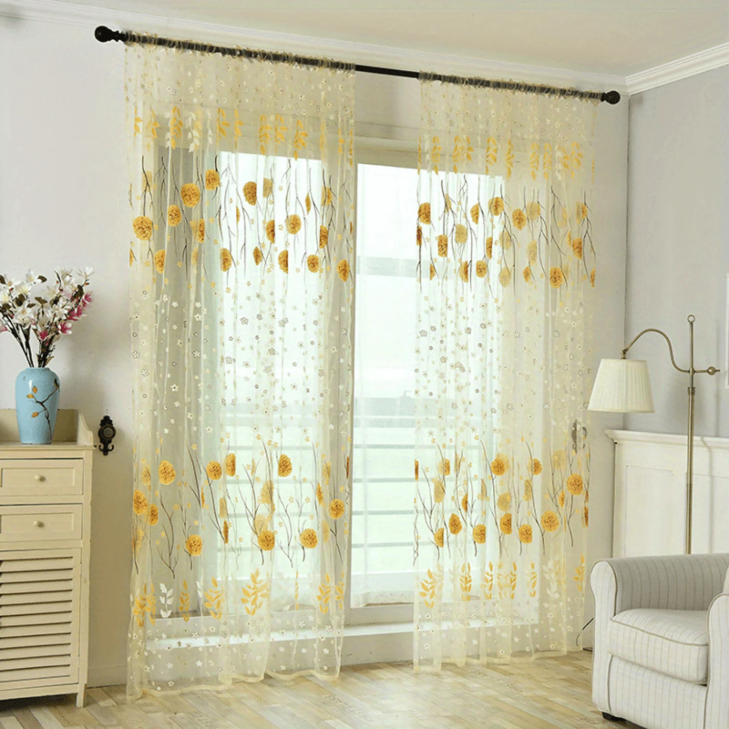 Printed Tulle Window Sheer Curtains Rod Pocket Transparent Tulle Window Floral Drape Panel Window Screen for Window Bedroom Balc