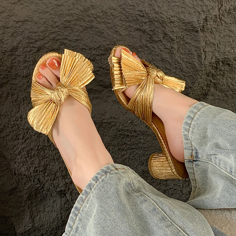 JOZHAMTA Size 34-40 Slides Sandals Women Gold Bow Chunky High Heels Shoes For Women Slippers Summer 2023 Peep Toe Mule Sandals