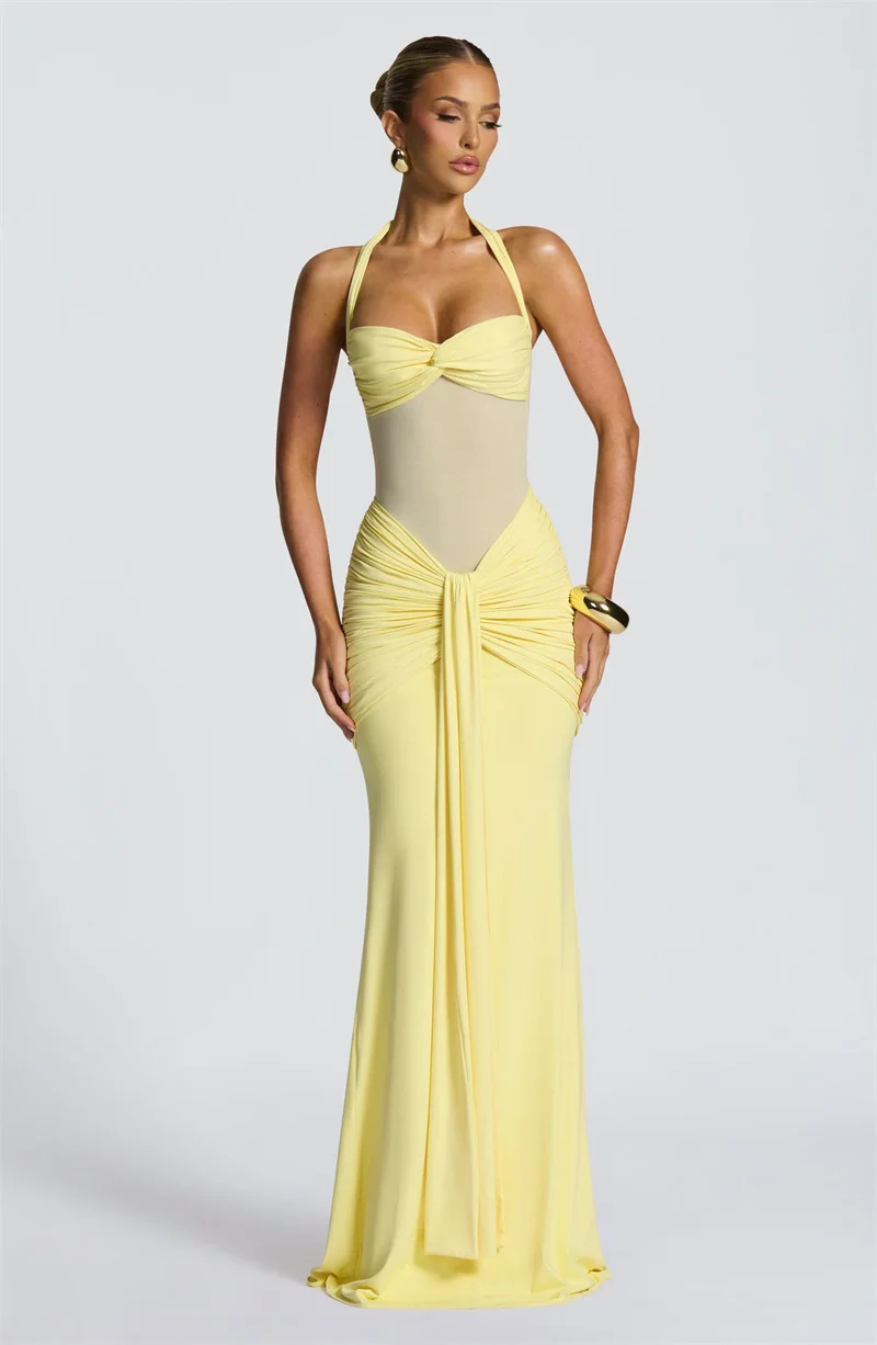 Mozision Halter-Backless Sexy Maxi Kleid Frauen Mode Patchwork Off-schulter Ärmellose Geraffte Drapierte Bodycon Club Party Kleid – Detail 12