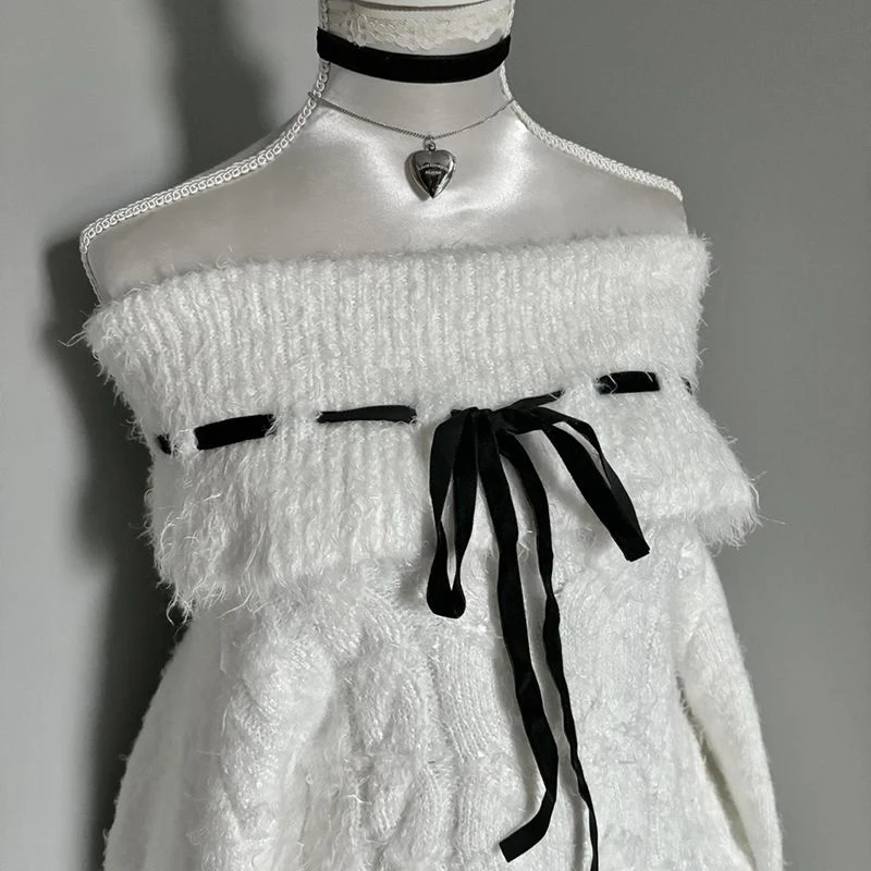 Sexy fora do ombro camisola de malha feminina branco harajuku y2k doce pulôver manga longa solto preguiçoso rendas até bonito topo