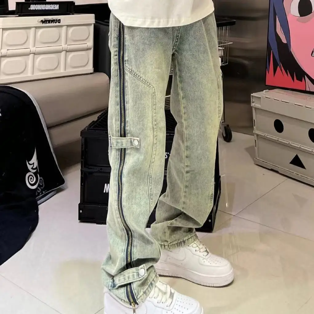 

High Street Breasted Yellow Mud Jeans Side Zipper Women'S Spring New Vibe Style American Loose Straight Scratched Trousers