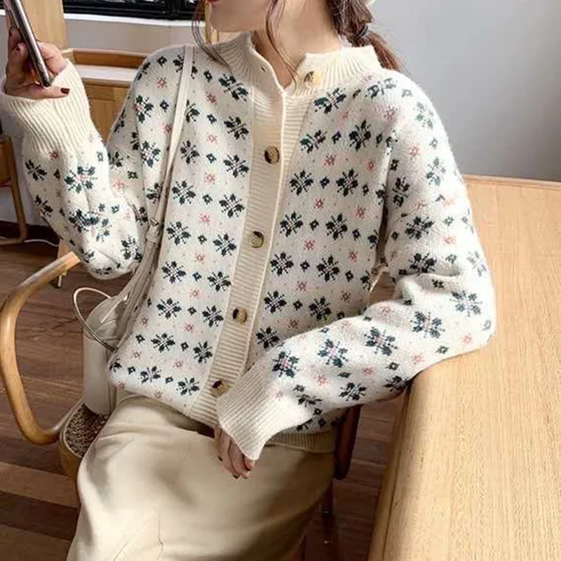 

Cisas Knitted Sweater Vintage Red Snowflake andma Sle Women's Outerwear Spring Autumn Winter Warm Thiened Long Sve