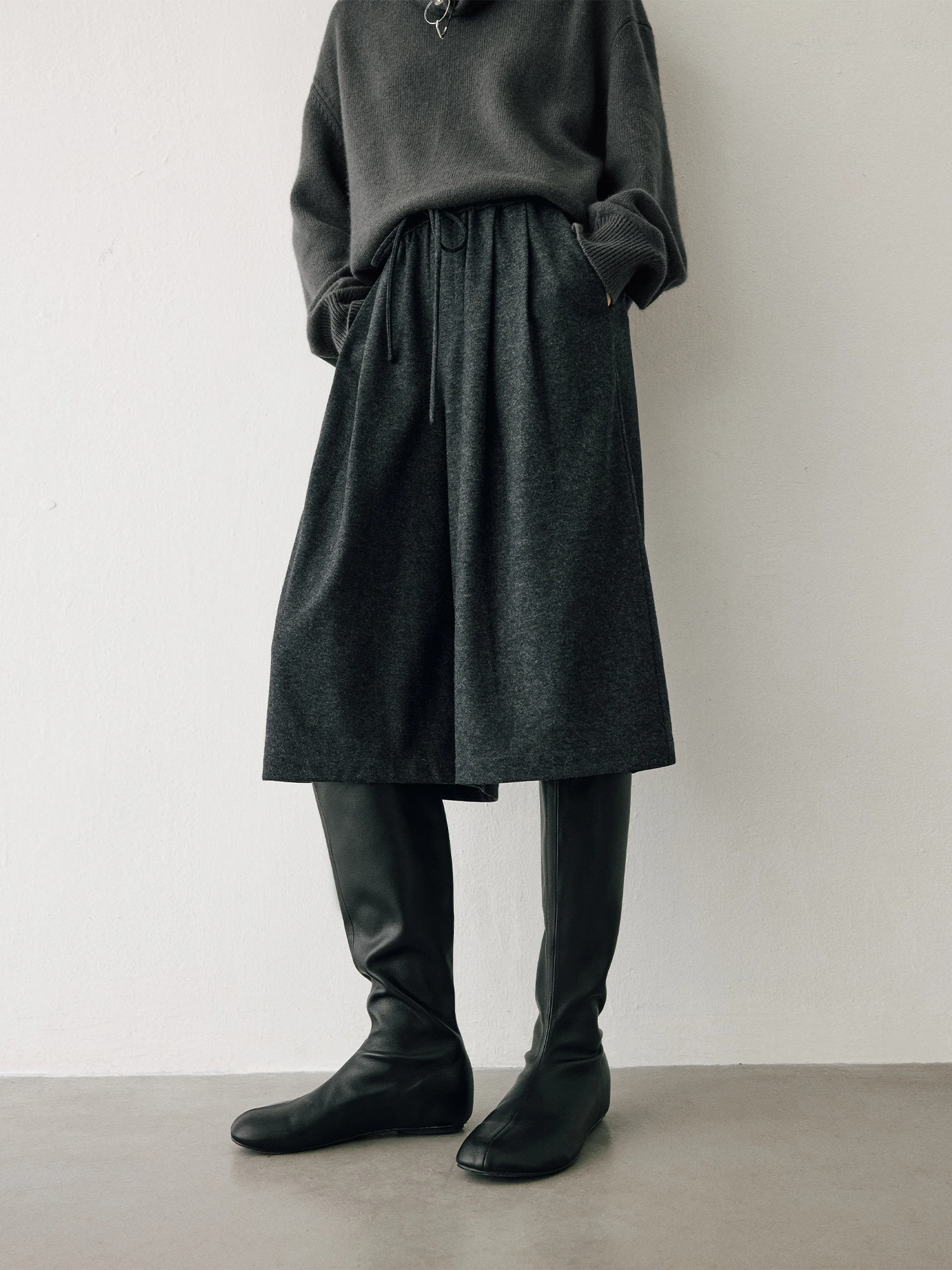 

HaveRice RestaurantInspired Mid-Length Knitted Wool Blend High Intelligence Style Pleated Floral Grey Wide Leg Pants for Women