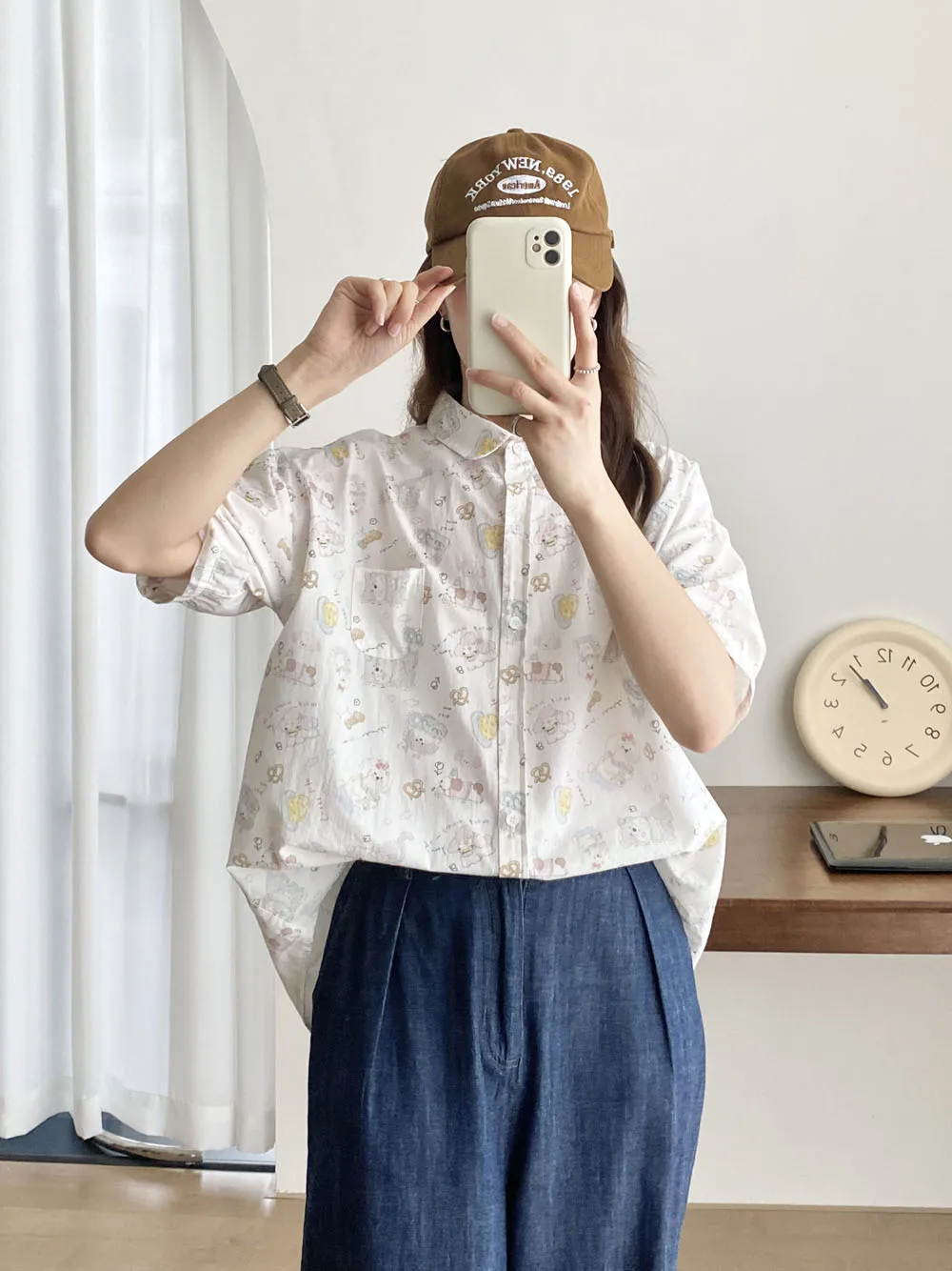 New Spring Cotton Sweet Shirt Women Short Sleeve Cartoon Printed Top Girl Loose Literature OL Blouses 2024 Summer T45817QM