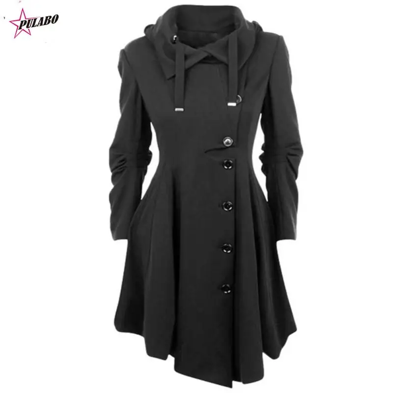 

PULABO 7XL Pea Coat Women's Long Fleece Pea Jacket Gothic Trench Coat Winter Punk Collar Peacoat Outwear Slim Hood Dress Coat