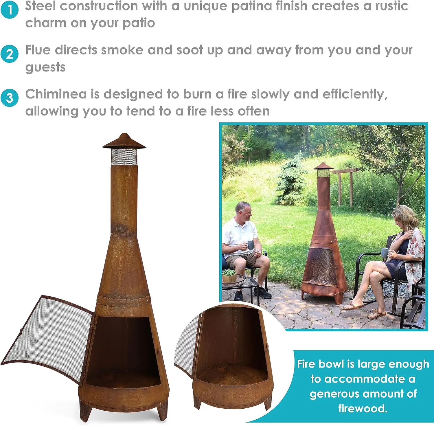 Chiminea de aço resistente rústico de 70 polegadas com tampa de chuva e tela de faísca de malha - acabamento patina enferrujada