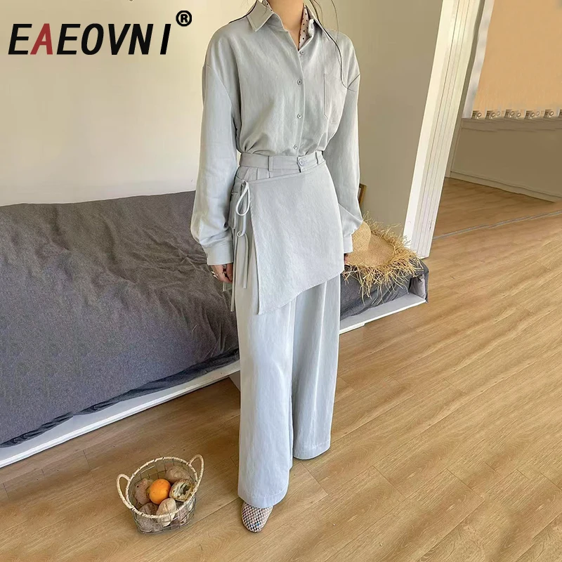 EAEOVNI, conjunto de 2 piezas a la moda para mujer, camisa de manga larga con botones + pantalones de pierna ancha con diseño de retales, ropa versátil 2025 1A1031