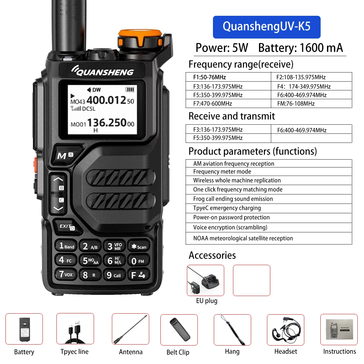 Quansheng UVK5 walkie-talkie długodystansowy profesjonalny cywilny outdoor w podróży UV wieloczęstotliwościowy, pełnowymiarowy, ręczny