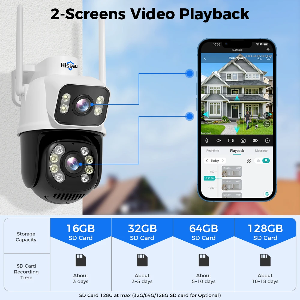 Hiseeu 8mp Wifi Survalance Camera Dual Screen & Dual Lens Color Night Vision Ai Auto Tracking Outdoor Draadloze Beveiligingscamera