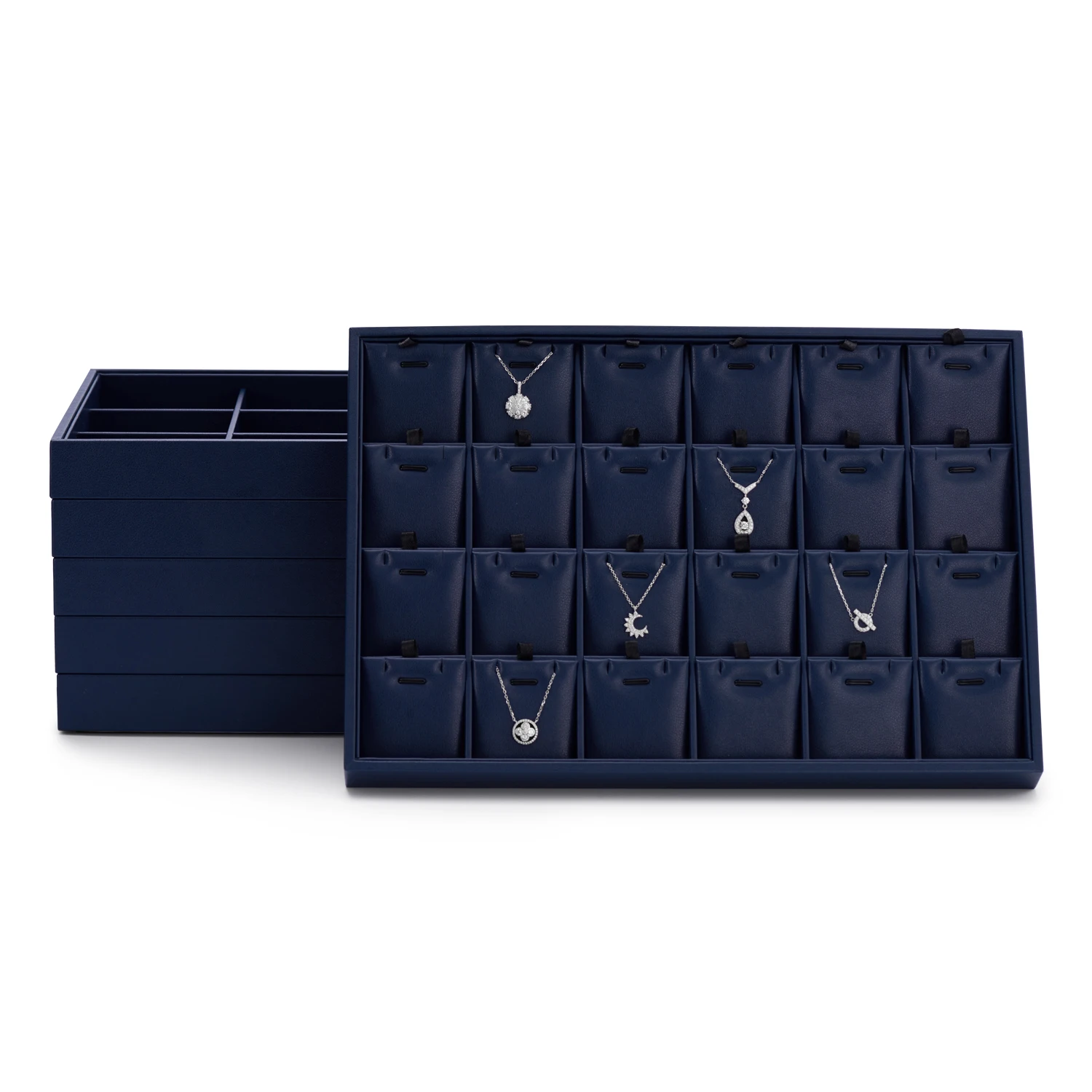 Oirlv Premium Blue Leather Stackable Jewelry Tray Multifunction Jewelry Drawer Organizer Trays Rings Earrings Storage Props