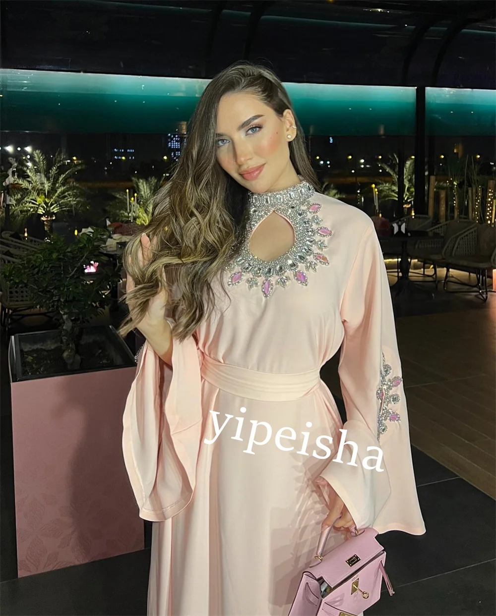 Jiayigong-vestido Midi con diamantes de imitación para mujer, traje de cuello alto, a medida, Arabia Saudita