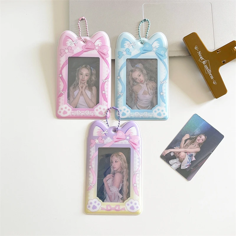 Cartoon Cat Ears 3-inch Photocard Holder Kawaii Idol Photo Protective Case Id Card Cover Storage Pendant Keychain Card Holder