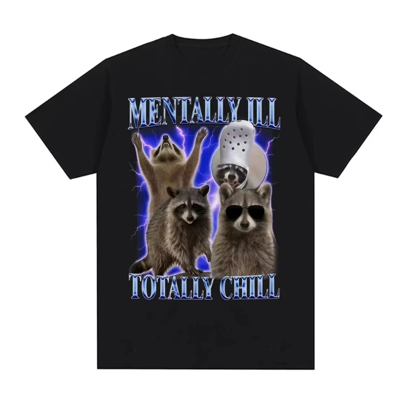 Retro Pattern T-shirt Summer Top O-neck T-shirt Pattern Y2K Mental Patient Completely Calm and Fun Raccoon Fans T-shirt Clothing