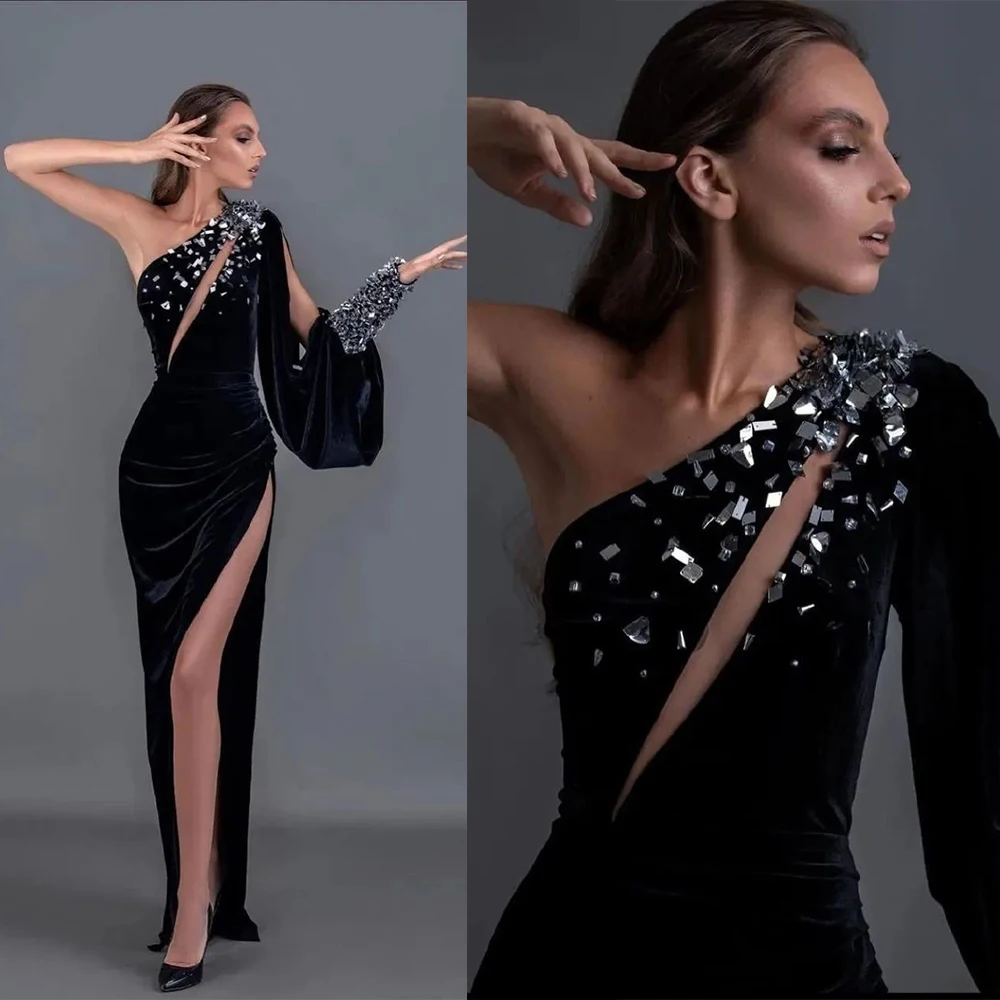 Vestidos de noche con textura de terciopelo, un hombro, manga larga, abertura lateral alta, vestido para ocasiones especiales, cuentas hasta el tobillo, vestidos de graduación