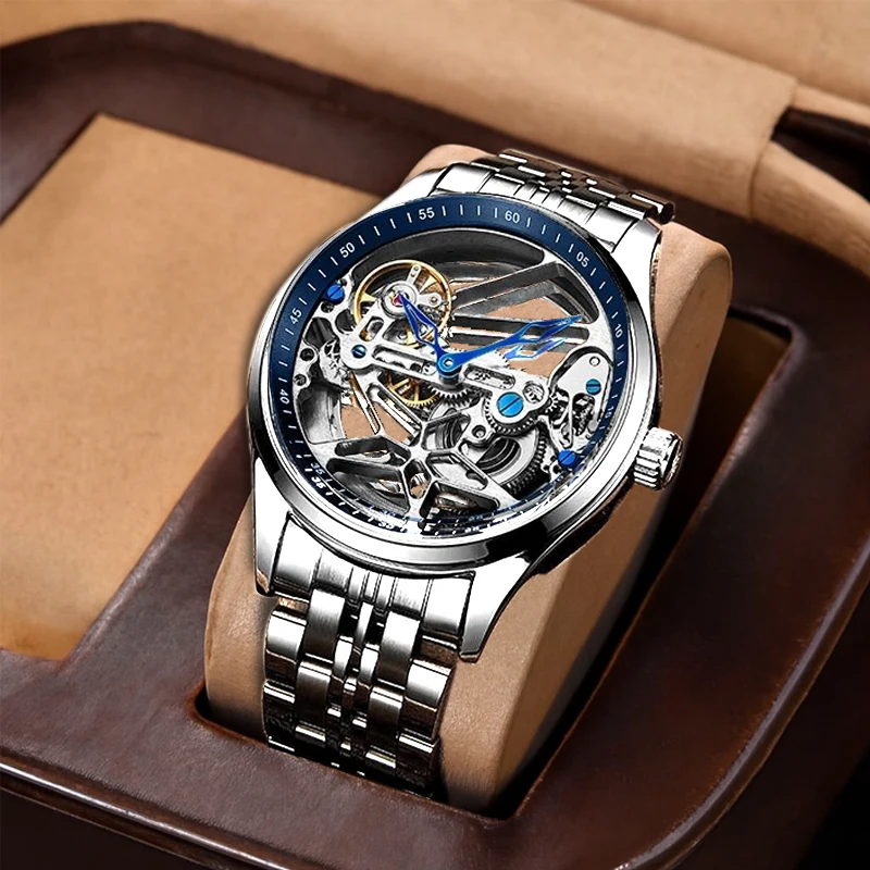 A Men's Silver Stainless Steel Minimalist Business Starfish Double-Sided Hollow Automatic Mechanical Watch
