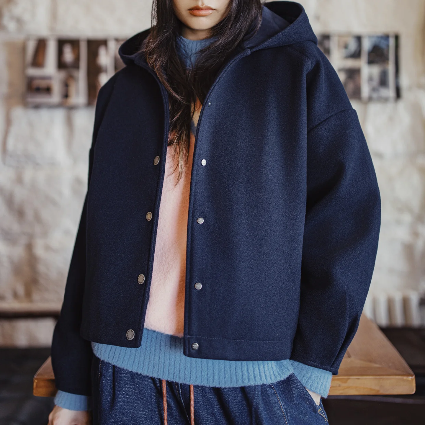 

Maden Women's Thick Textured Hooded Coat Short Warm Loose Fit Wool-Texture Casual Winter Outer Jacket