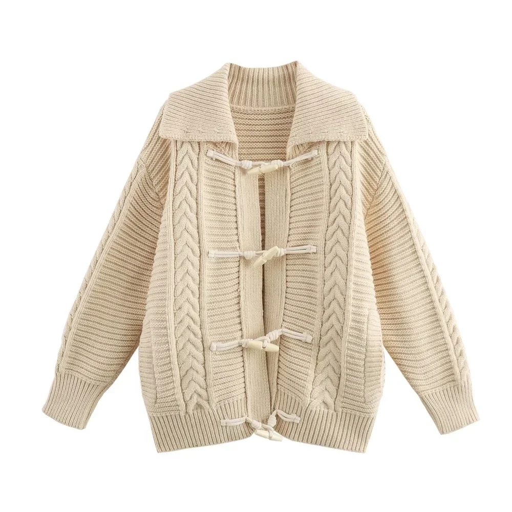 Pop 2024 Autumn New Product Women's Fashion Leisure Heavy Weight Collar Horn Button Knitted Cardigan Big Coat