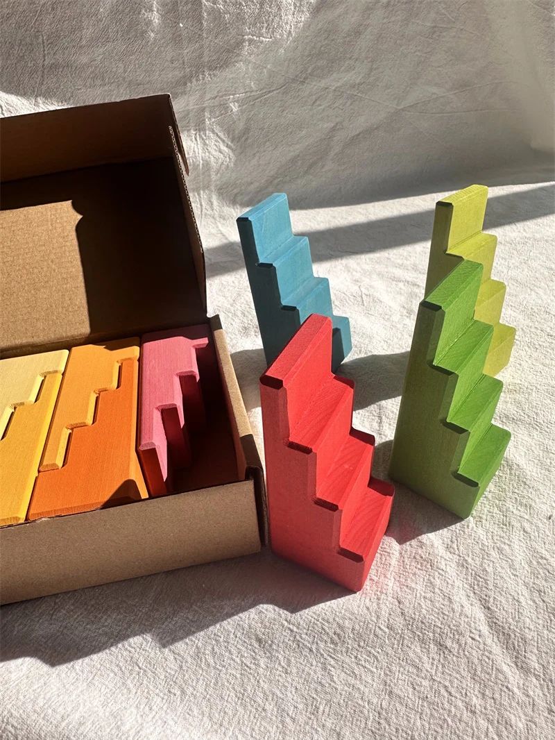 Big size Wooden Blocks Lime Rainbow Building Stacking Castel Step Shape Cubes Corner Stones for Kids Creative Play