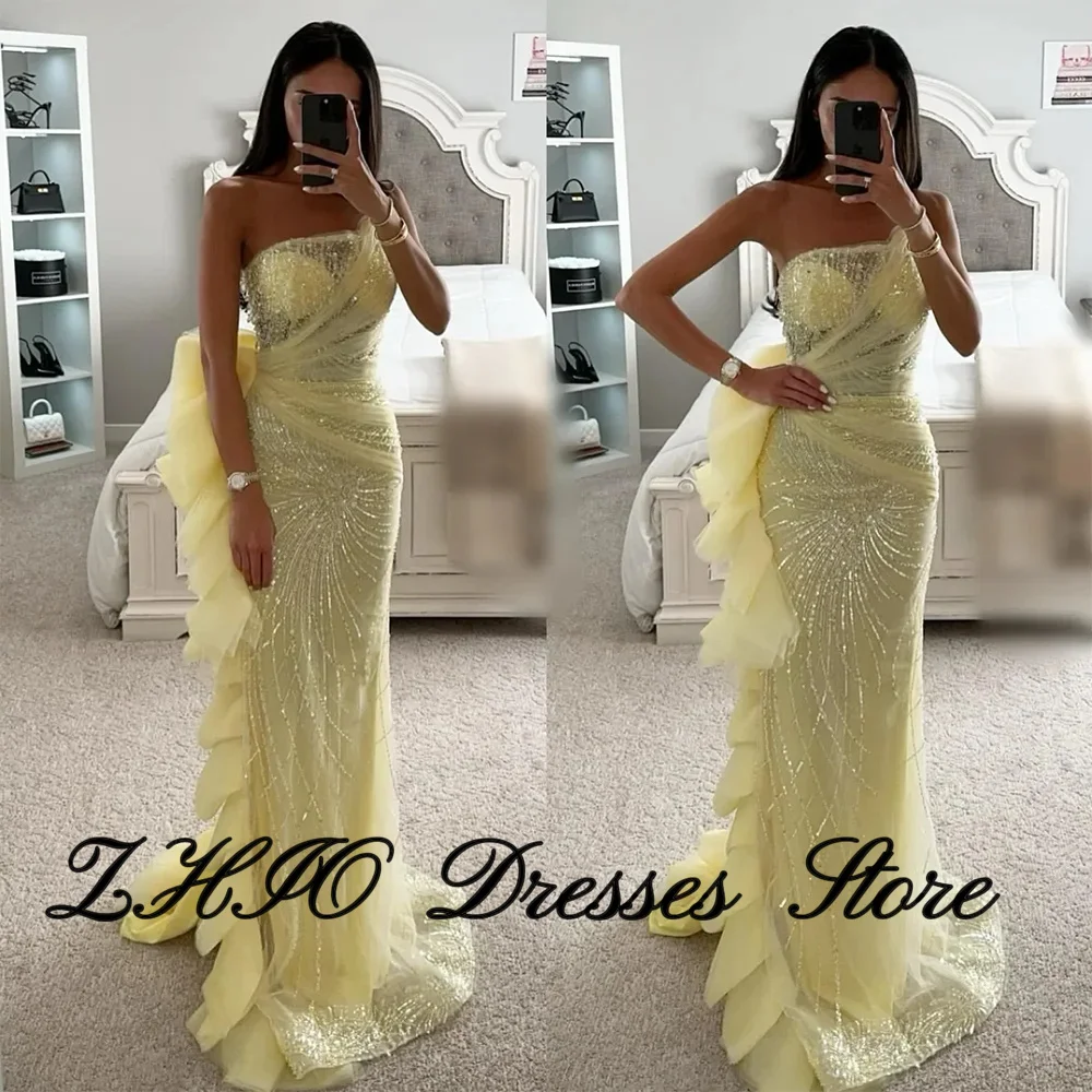 ZHIO Prachtige gele zeemeermin lange galajurken met pailletten strapless unieke mouwloze feestjurken met ruches aan de zijkant