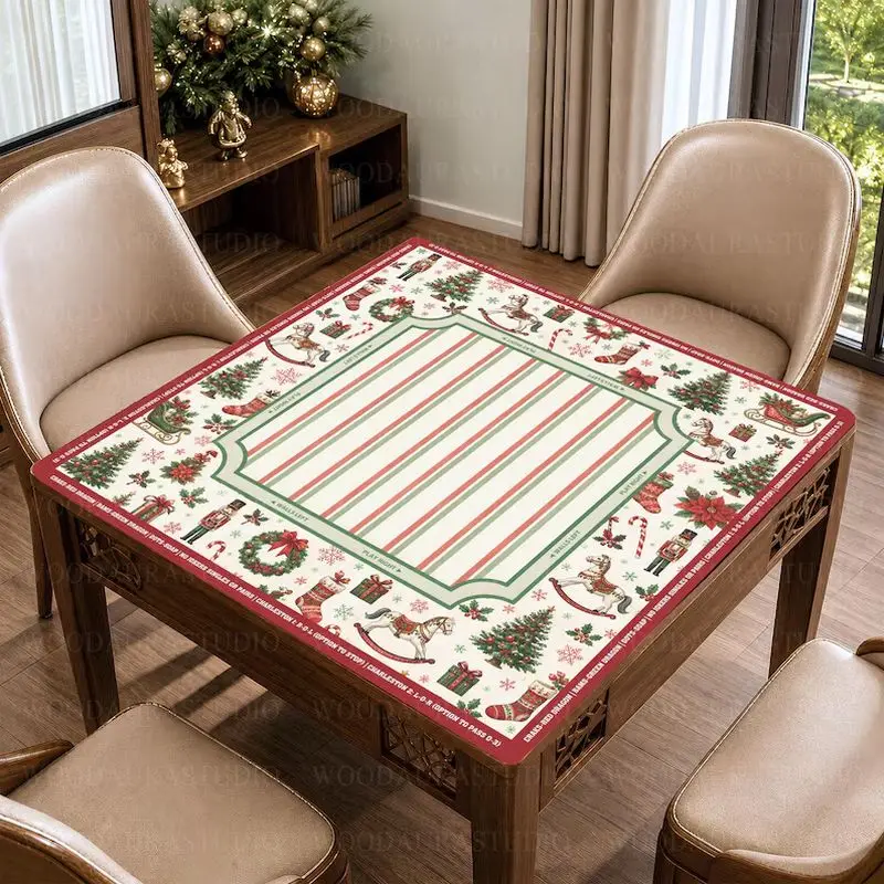 VIKAMA Christmas Mahjong Mat Red Green Stripe Non Slip Table Cover For Mahjong Poker Card Game Family Party Holiday Decor