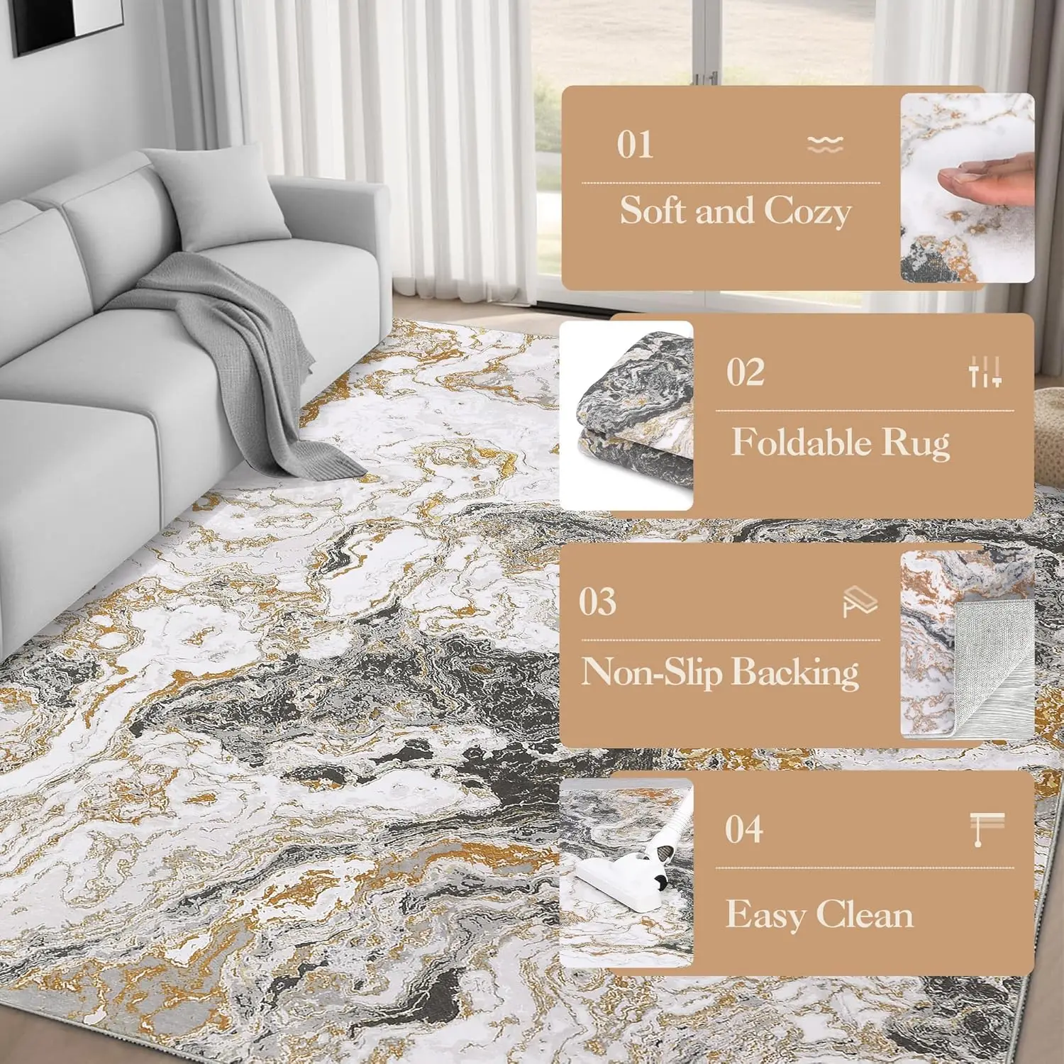سجادة منطقة قابلة للغسل لغرفة المعيشة، 160 × 230 سم، سجادة منخفضة غير قابلة للانزلاق، سجادة حديثة ناعمة قابلة للطي مع حواف معززة لغرفة النوم