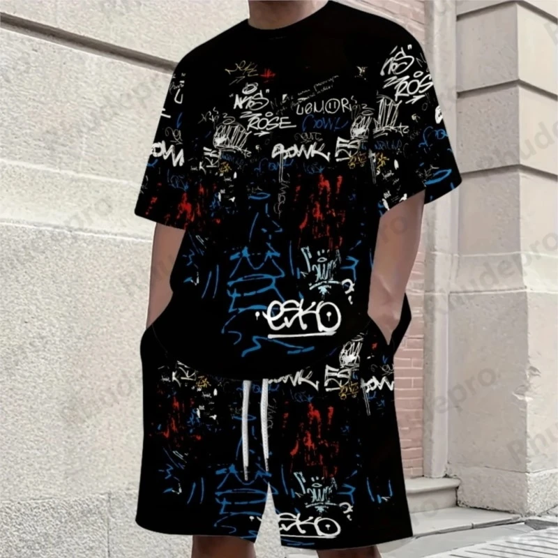 

2025 Street Outdoor T-shirt Shorts Casual 2-piece Set Breathable Soft Clothing Men's Creative Graffiti 3D Printed Suit
