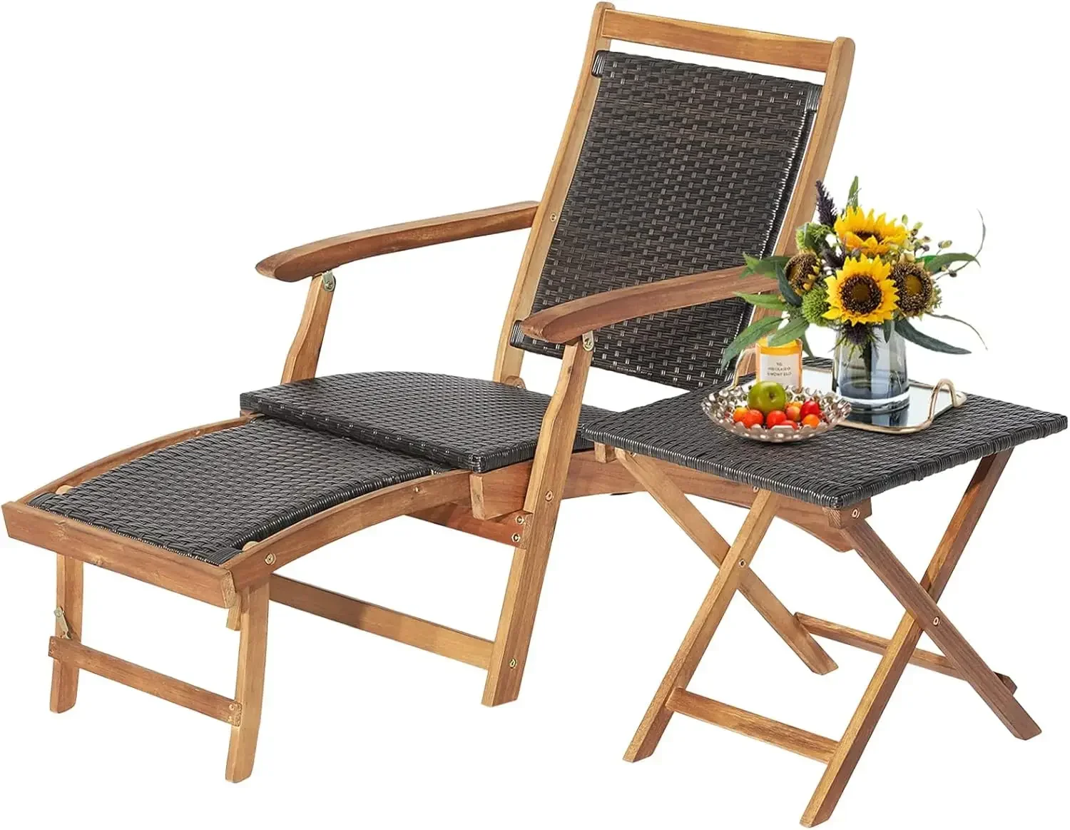 Patio Lounge Chair Set - Outdoor Acacia Wood Chaise Lounge w/Side Table, Armrest & Retractable Ottoman, Rattan Seat, Tabletop, Q