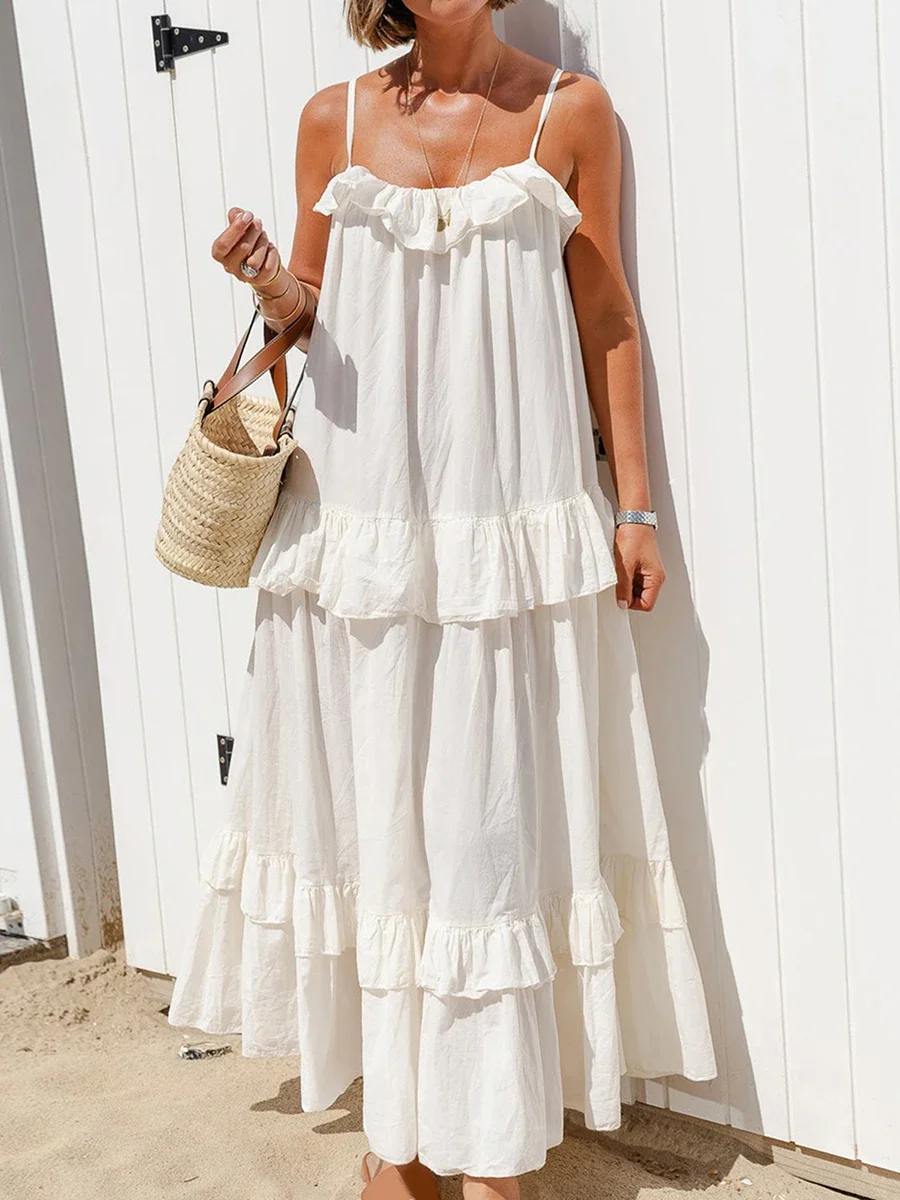 Maxi Dresses for Women Summer Slim Elegant Long Cami Dress Casual Loose Scoop Neck Back Tie-Up Swing Tiered Ruffled Strap Dress