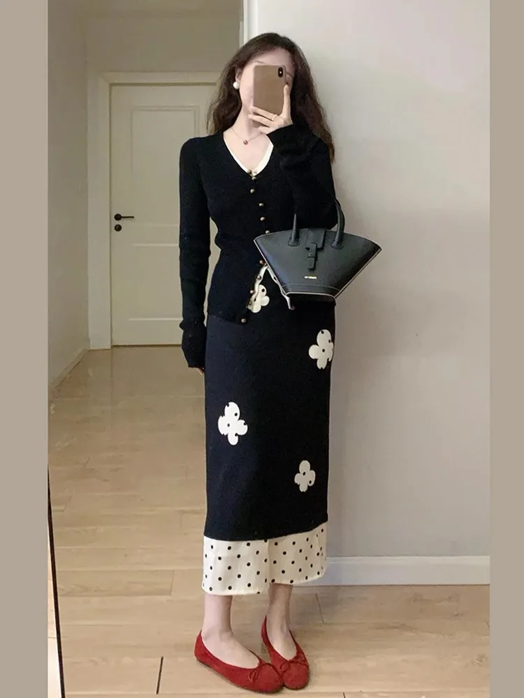 

Korean Style Black Splice Polka Dot Wrap around Halter Neck Midi Skirt Women's Spring Design Sensation Floral Wrap Long Skirt