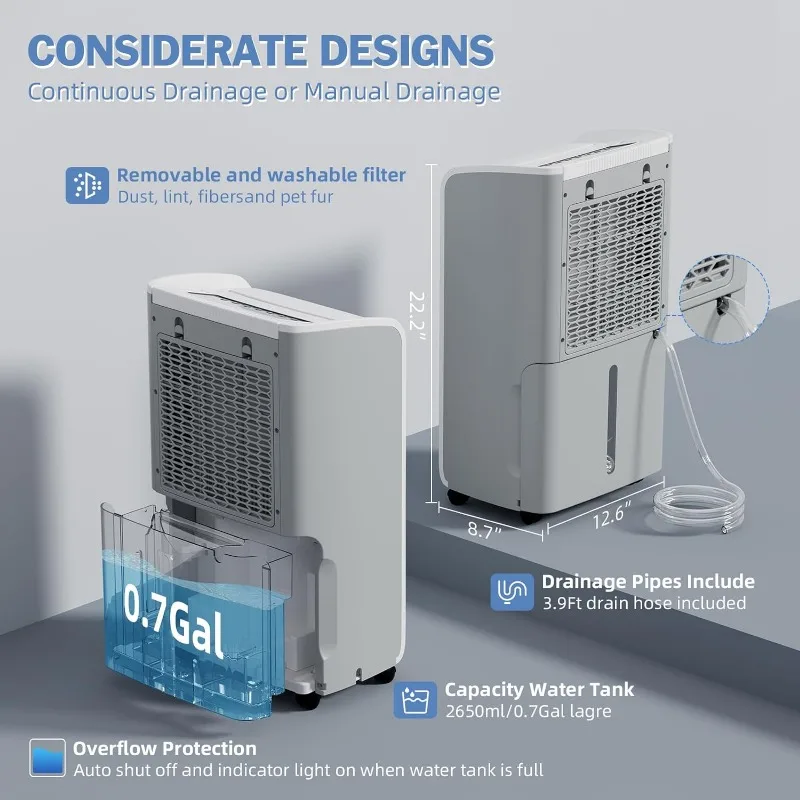 Deumidificatore da 4,500 piedi quadrati da 70 pinta per seminterrato e casa-con tubo di scarico, efficiente, energetico-con doppia protezione e 4 modalità intelligenti