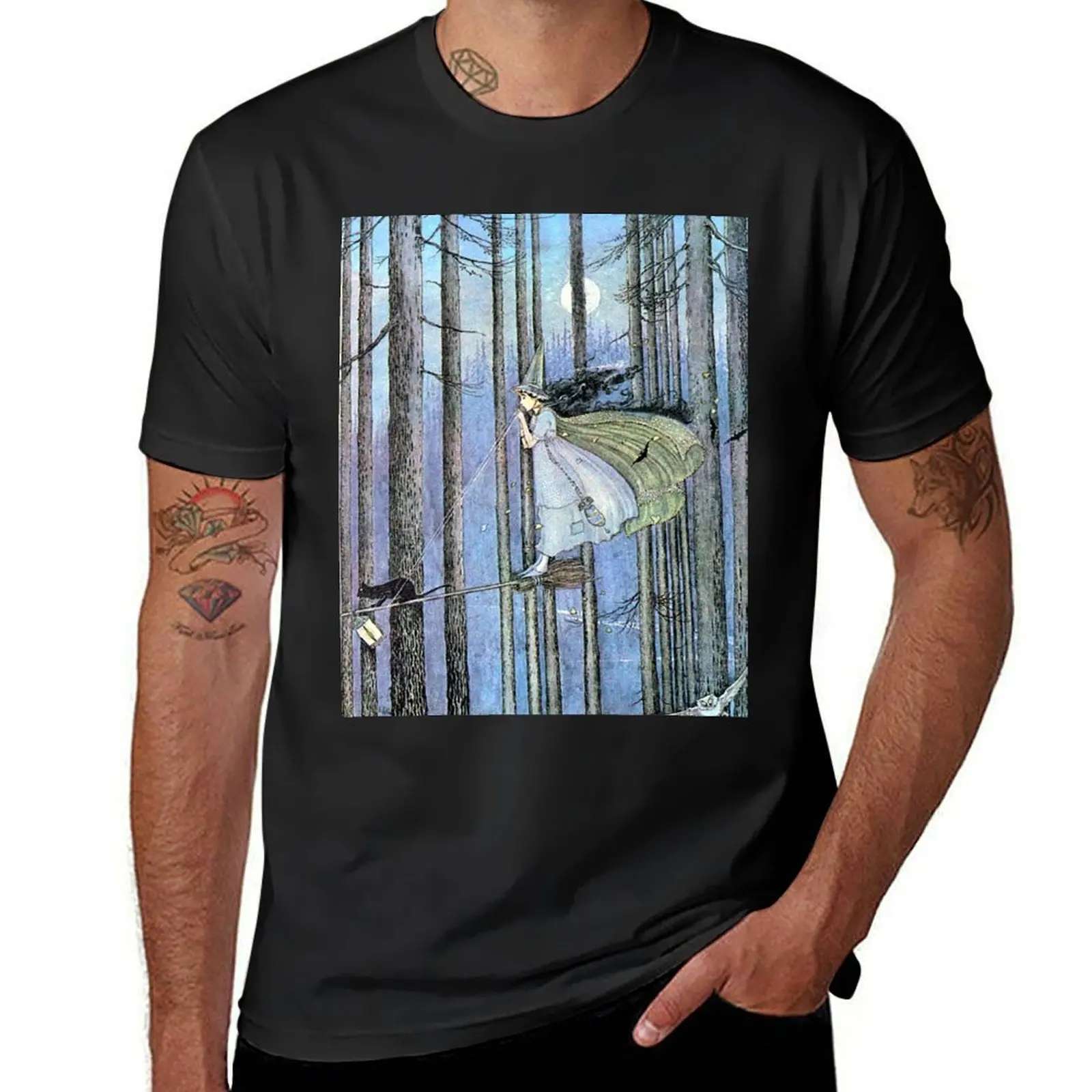 Witch and Cat on Broom - Ida Rentoul Outhwaite T-Shirt customizeds oversizeds for a boy summer tops men t shirts