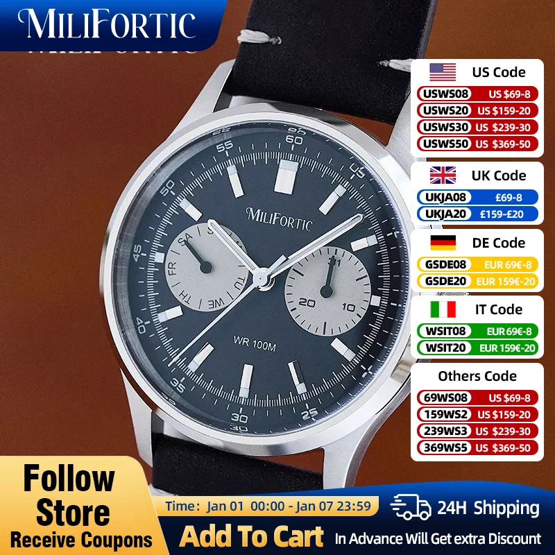 Orologio classico americano retrò Milifortic quadrante con calendario zaffiro 10ATM orologi al quarzo vintage in acciaio inossidabile in pelle luminosa