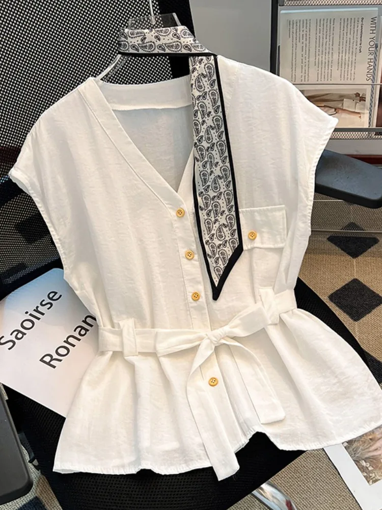 وشاح حريري صيفي V-Ne Svel irt المرأة فضفاضة الخصر Cinched التخسيس الأعلى الكورية Sle تخفيف زر الرياح التفاصيل #2