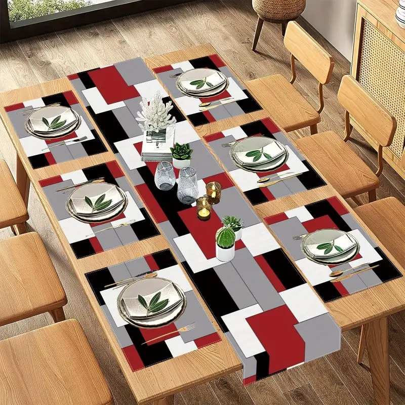 Modern Minimalist Contrast Geometric Table Runner Placemats Set Waterproof Anti Slip Washable Kitchen Dining Mat