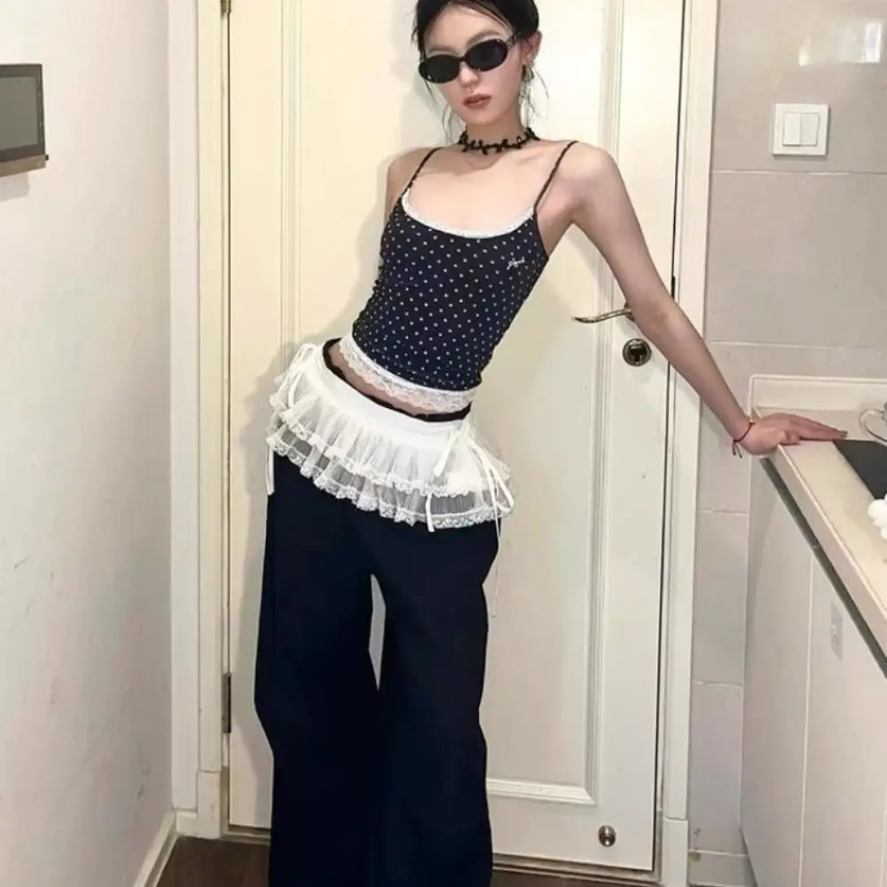 New Embroidered Flower Lace Mini Skirt See Through Y2K Streetwear Lace Up Ruffles Skirt Harajuku Butt Curtain Jeans Decoration