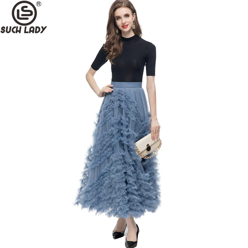 

Women's Runway Designer Two Piece Dress O Neck Flexible Black Blouse with Ruffles Appliques Long Skirt Fashion Twinset