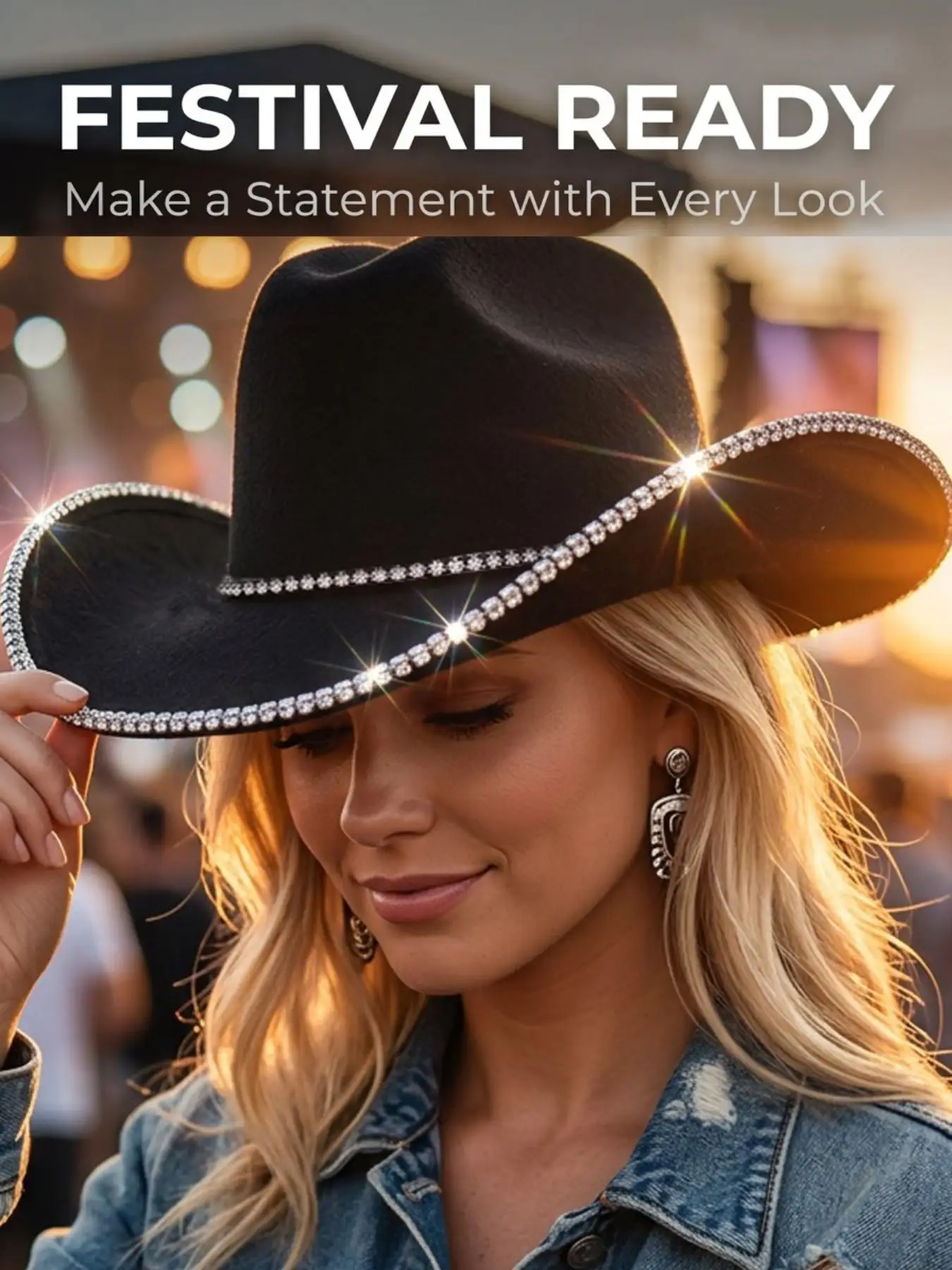 Rhinestone Cowboy Hat for Women Wide Brim Jazz Hat Rhinestone Trim Fedora Wedding Bride Headwear Music Festival Costume Party