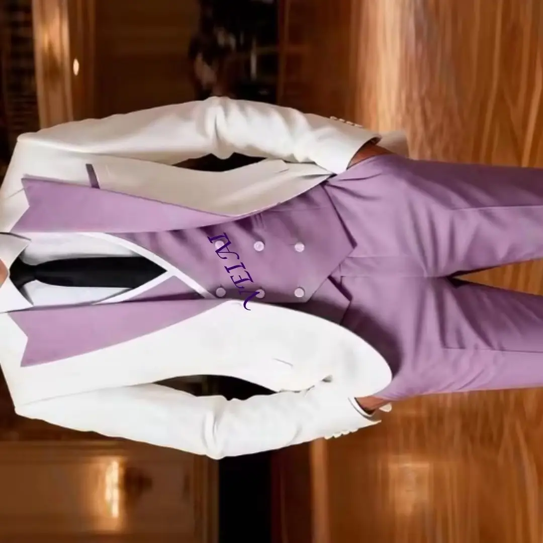 

Lavender & White 3 Piece Men's Formal Tuxedo Set - Groom Groomsman Wedding Party Prom Business Male Blazer Vest Pants