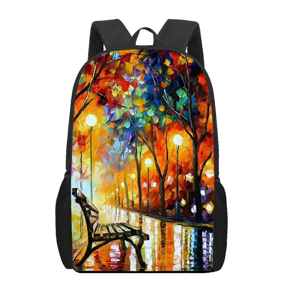 

Street Oil Paintings Landscape Print School Bag for Teenagers Girls Boys Primary Kids Backpack 16in Bookbags Casual Travel Bag