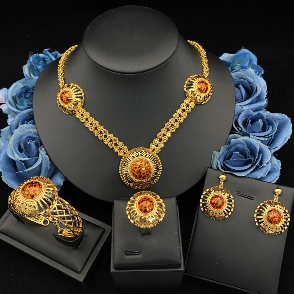 

JRH Classic Retro Design Fashion Leopard Print 4 Piece Necklace Bracelet Earrings Ring Women Dubai Bridal Jewelry Set Party