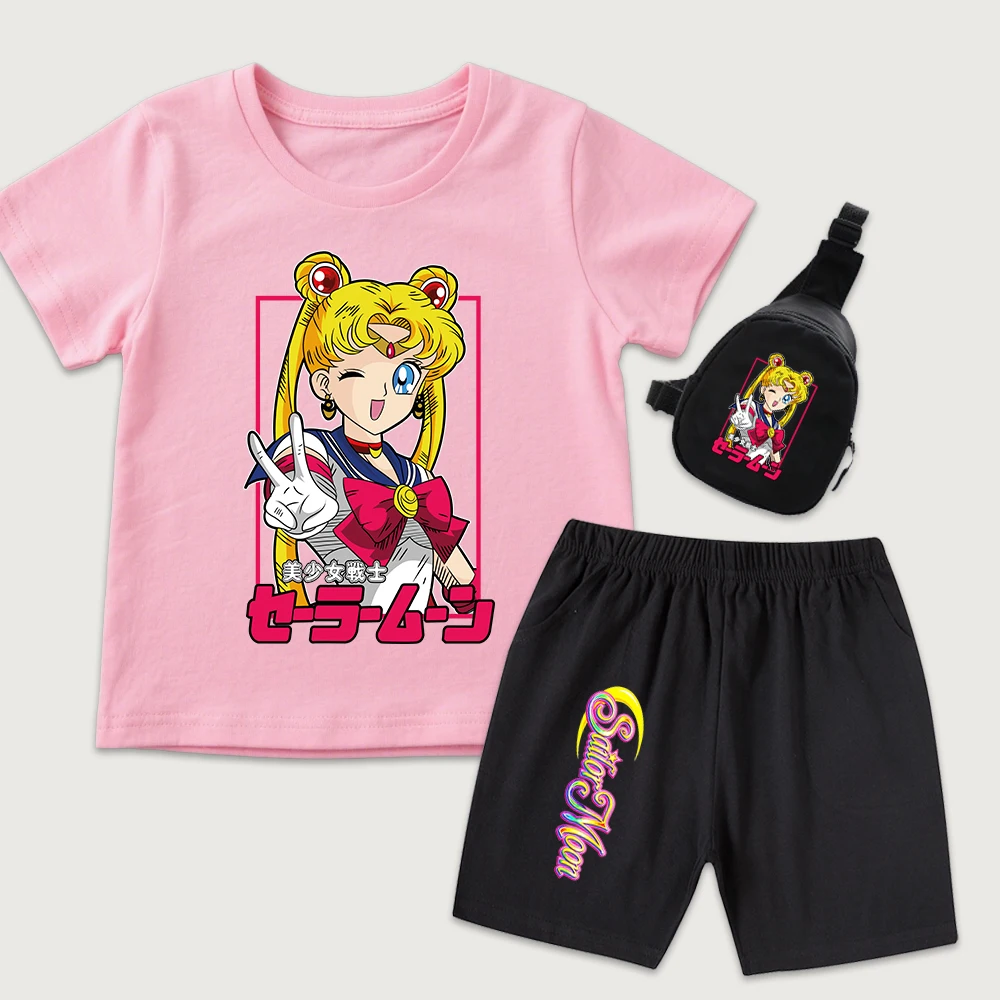 Girls Sailor Moon Print T Shirt Shorts Set with Mini Chest Bag Anime Cartoon Summer Outfit Casual Two Piece Clothing for Kids