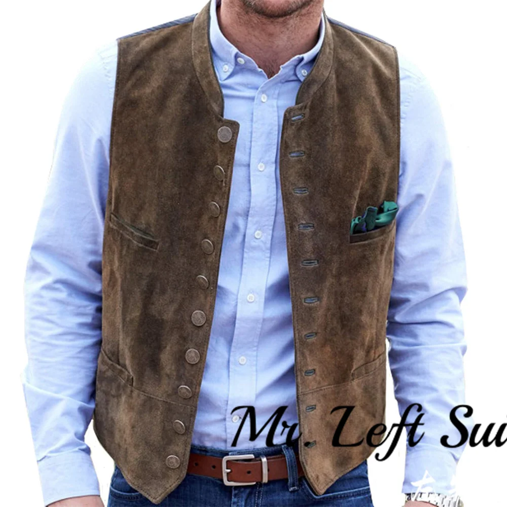 Men\'s Suede Leather Suit Vest Single Breasted Slim Fit Waistcoat Casual Western Jacket Formal Men Clothing Steampunk Clothing