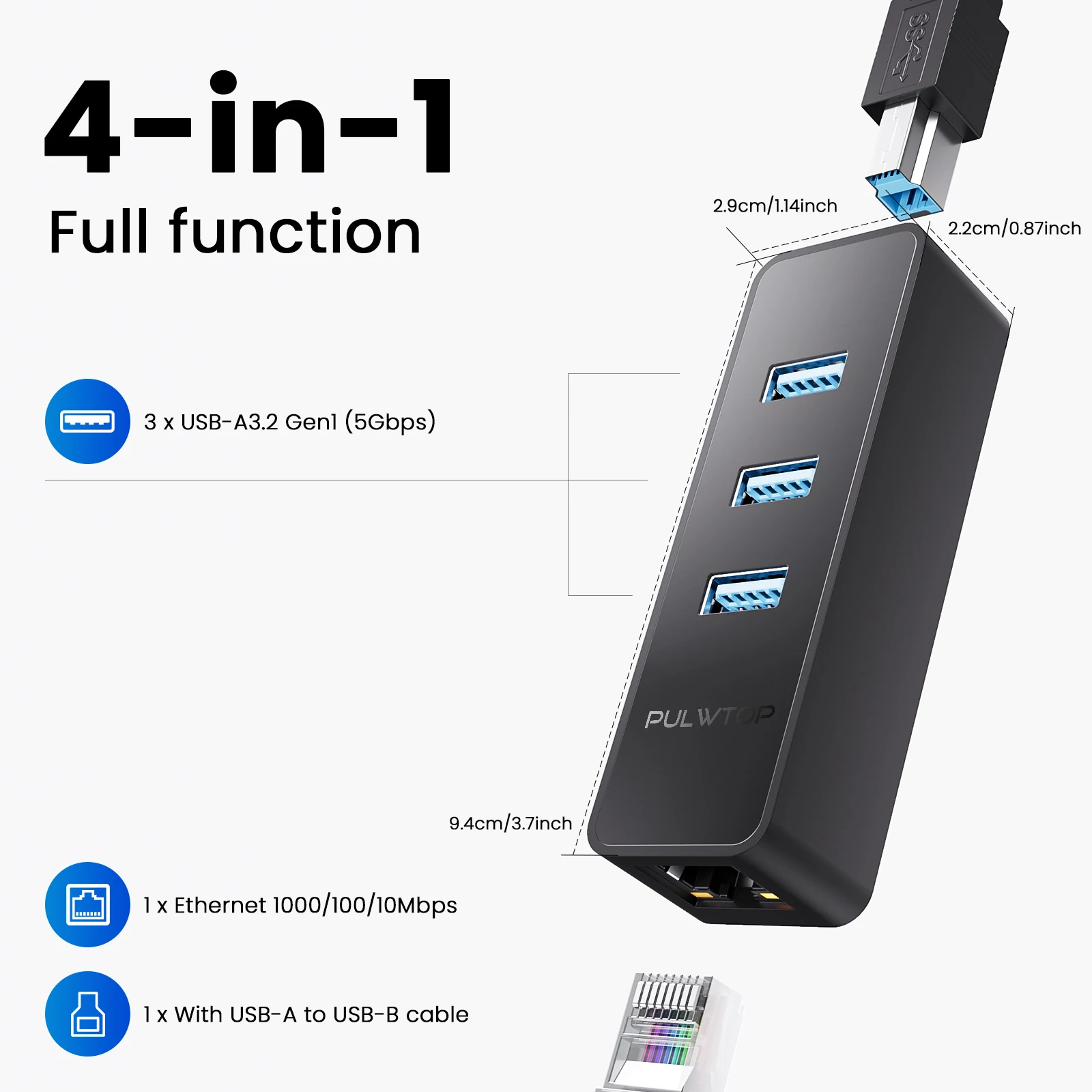 PULWTOP USB Hub  with 3 * USB-A 3.2 Gen1, Ethernet for Windows, Macbook, iMac and more